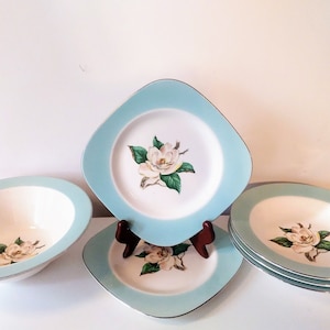Vintage 50s Lifetime China &quot;Turquoise&quot; with Magnolia Center Homer Laughlin