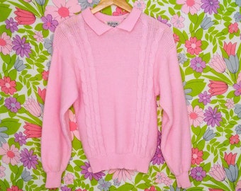 Vintage 80s Pink Pullover Sweater With Collar Slouchy Fit