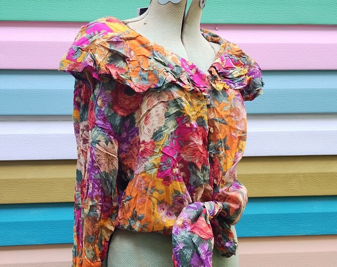 80s Ruffles Vintage 80s/90s Ruffle Floral Button Front Top Large - Etsy