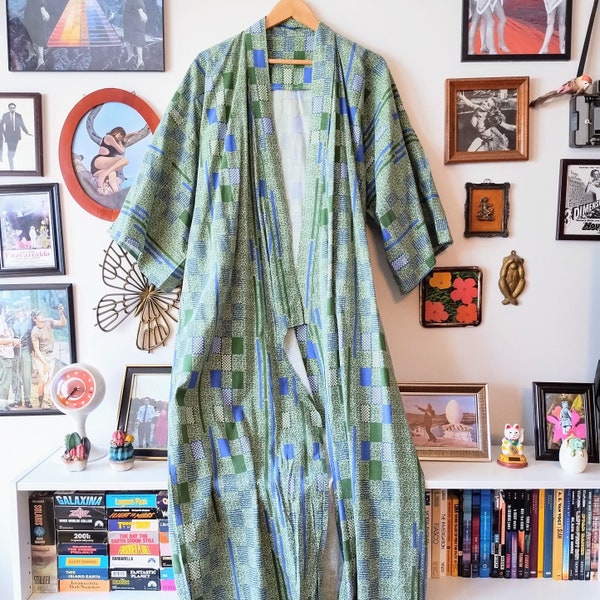 Vintage Blue and Green Cotton Kimono Robe Geometric Pattern