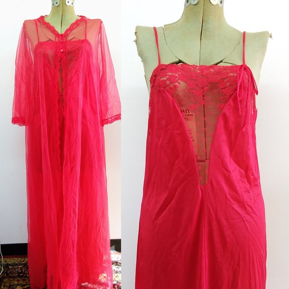 Vintage 60s Sears Red Peignoir Set Sheer Robe and… - image 1