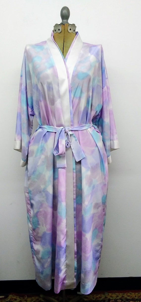 Vintage 70s/80s Pastel Floral Tie Dye Robe Blue a… - image 3