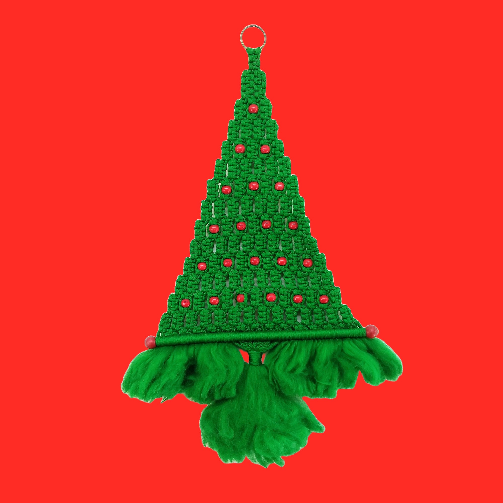 Vintage Macrame Green Christmas Tree Hanging w/ Red Beads Decor BOHO 70's  Style