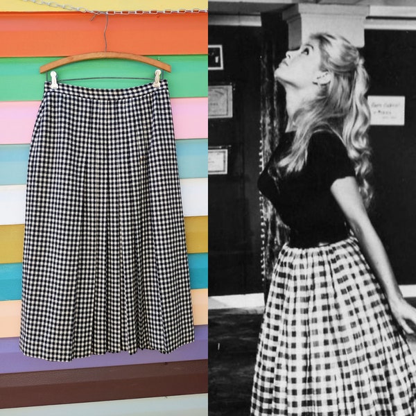 Vintage 70s/80s Black and White Gingham Wool Skirt Pleated Midi