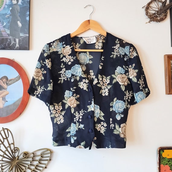 Vintage 90s Navy Floral Blouse Sheer Rose Pattern… - image 1