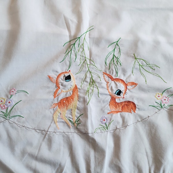 Vintage 60s Embroidered Sheet Big Eye Fawns Children's Bed