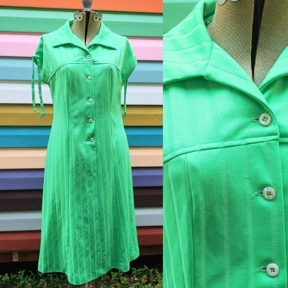 Vintage 60s Lime Green Button Front Collared Dress