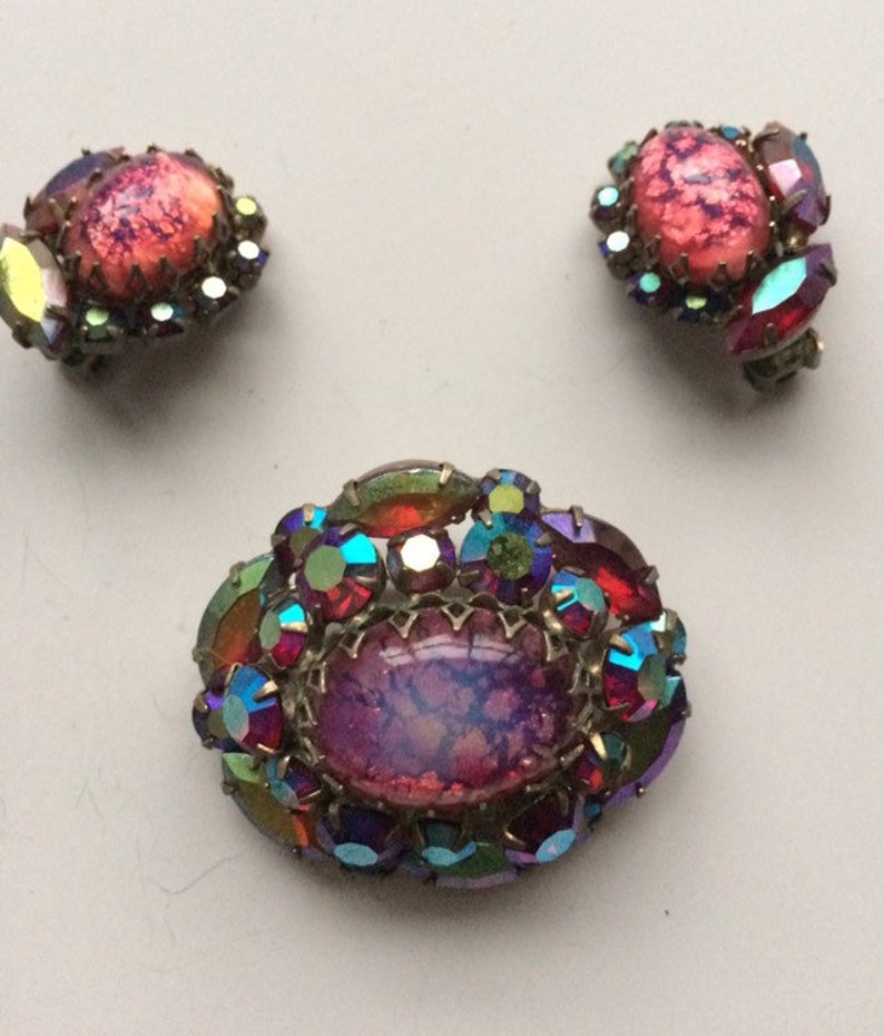 Vintage Art Deco Earring and Brooch Set-Cat Eye Fire Opal