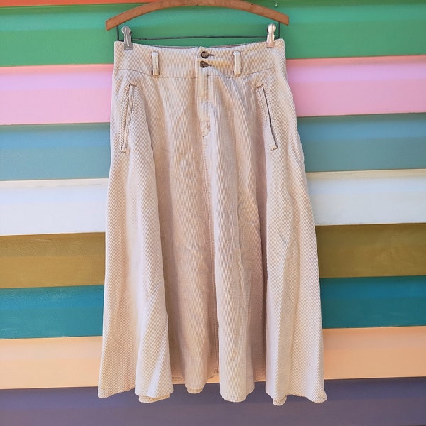 Vintage 90s Corduroy Prairie Skirt Tan Circle Skirt Hi Waist