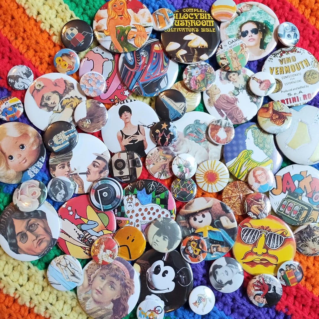 5 Piece Button Pack- One of a Kind Mystery Pin Back Buttons - Etsy