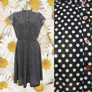 Vintage 60s/70s Black White Polka Dot Dress Volup Day Dress Button Front image 1