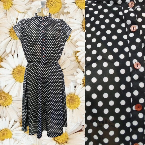 Vintage 60s/70s Black White Polka Dot Dress Volup Day Dress Button Front