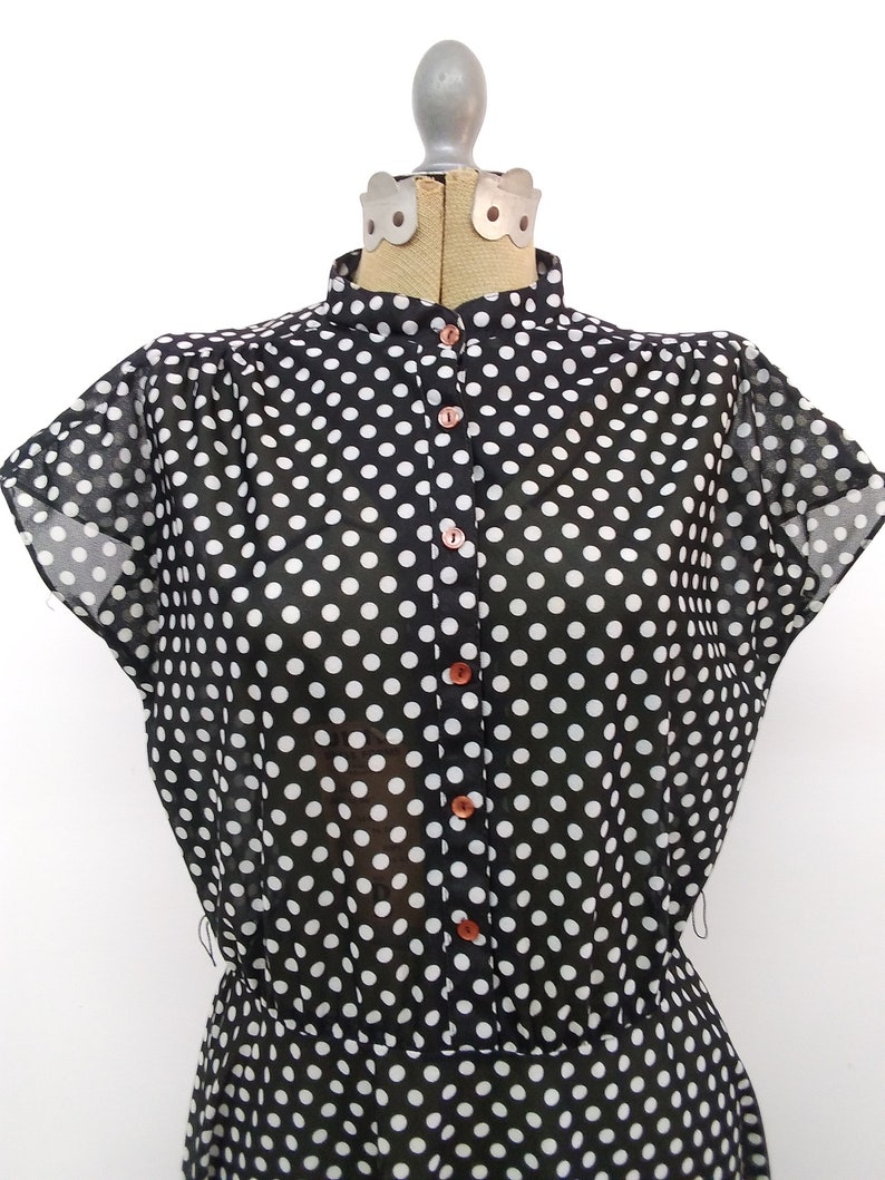 Vintage 60s/70s Black White Polka Dot Dress Volup Day Dress Button Front image 3