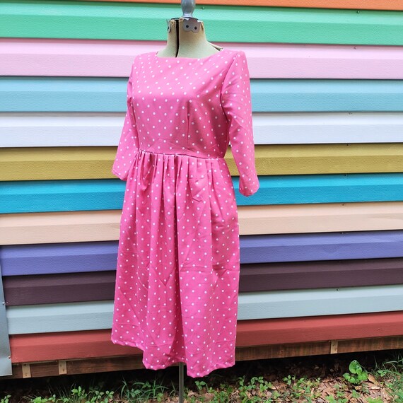 Vintage Handmade Pink Dress White Polka Dots - image 6