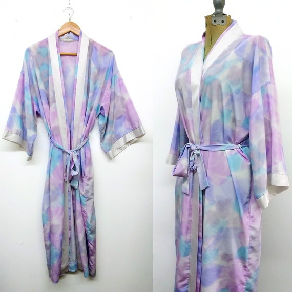 Vintage 70s/80s Pastel Floral Tie Dye Robe Blue a… - image 2