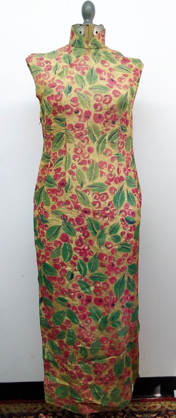 Vintage 50s Cheongsam Style Dress Gold, Pink and … - image 2