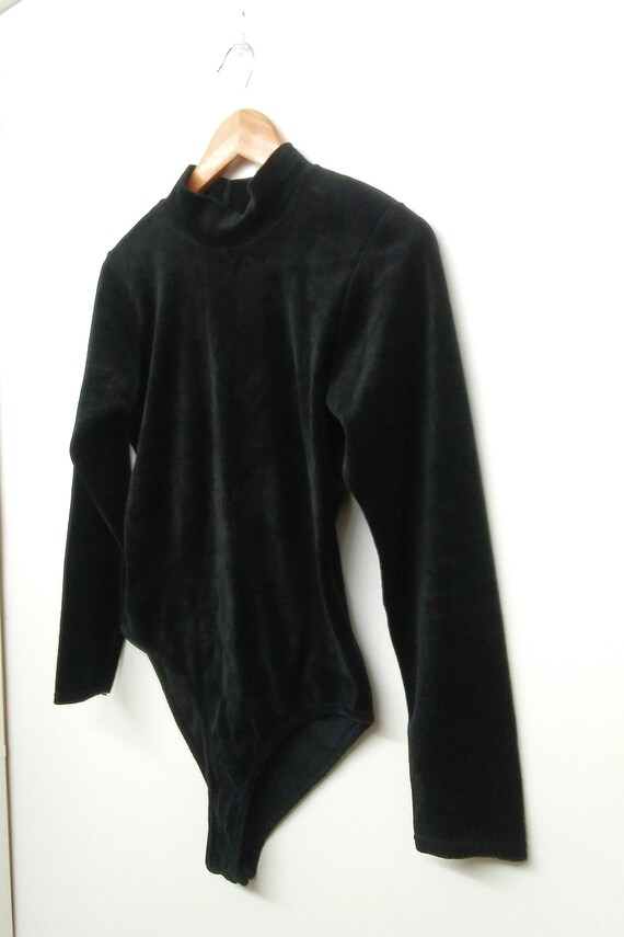 Vintage 80s/90s Black Velvet Bodysuit Mock Neck L… - image 4