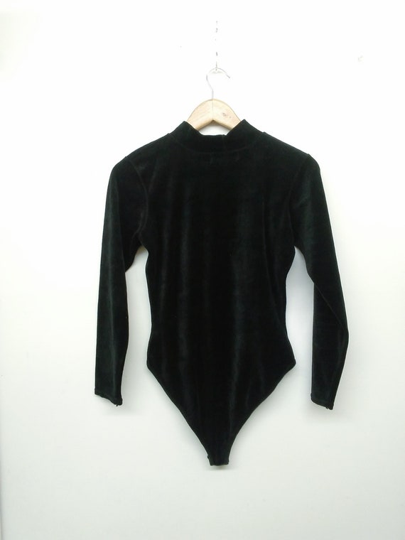 Vintage 80s/90s Black Velvet Bodysuit Mock Neck L… - image 5