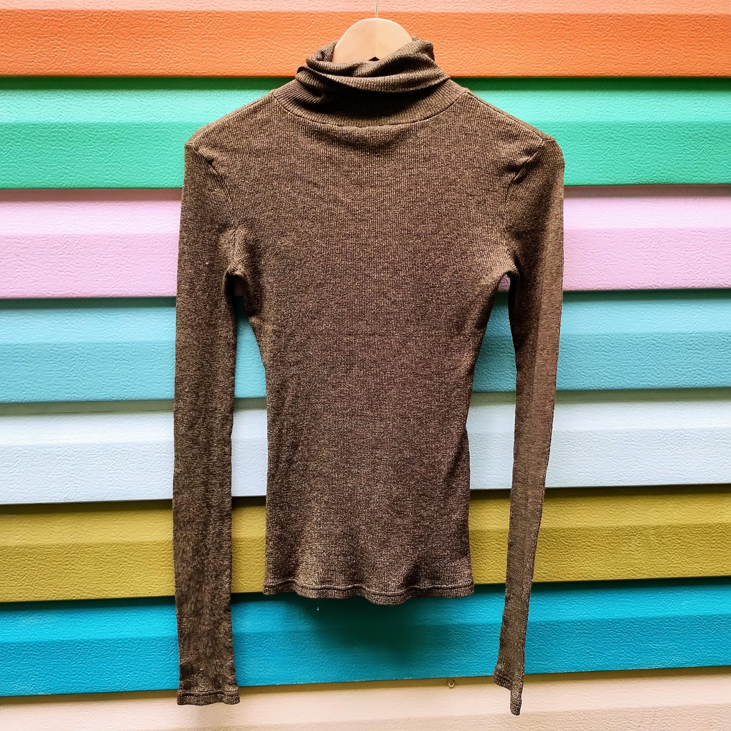 Vintage 90s Metallic Bronze Gold Ribbed Turtleneck Sweater Size Small