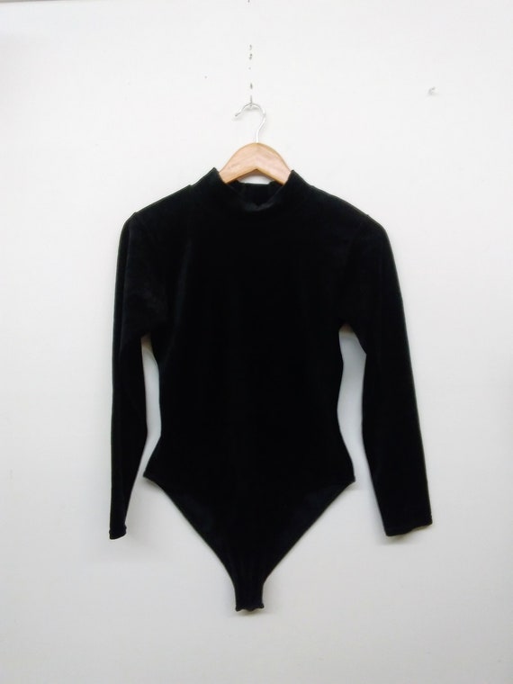 Vintage 80s/90s Black Velvet Bodysuit Mock Neck L… - image 2
