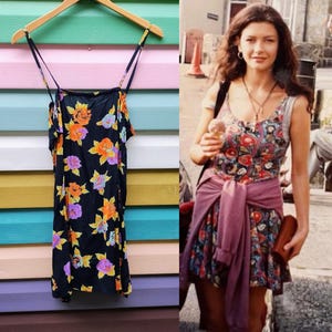 Vintage 90s Black Floral Print Mini Dress Rayon Sundress