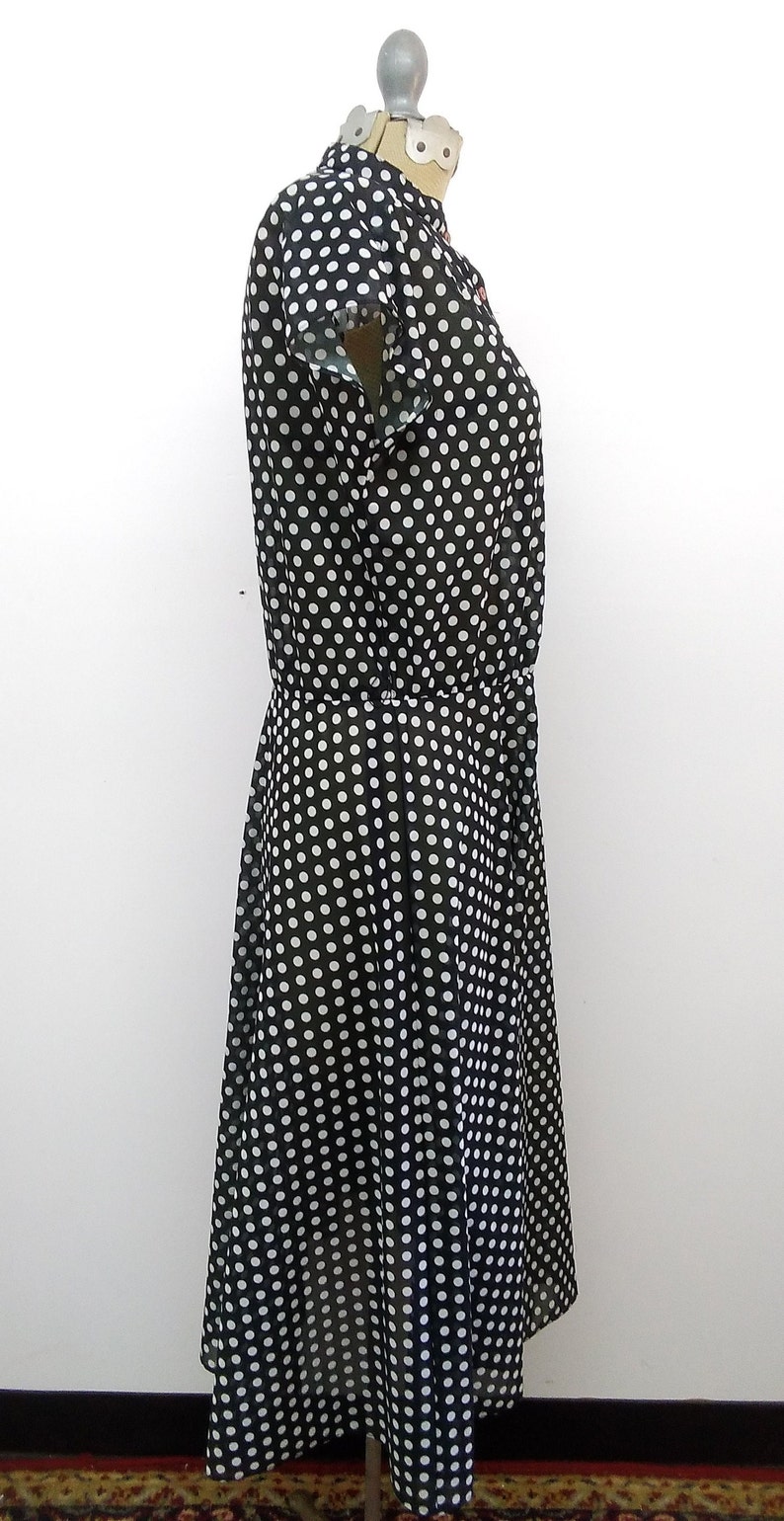 Vintage 60s/70s Black White Polka Dot Dress Volup Day Dress Button Front image 9