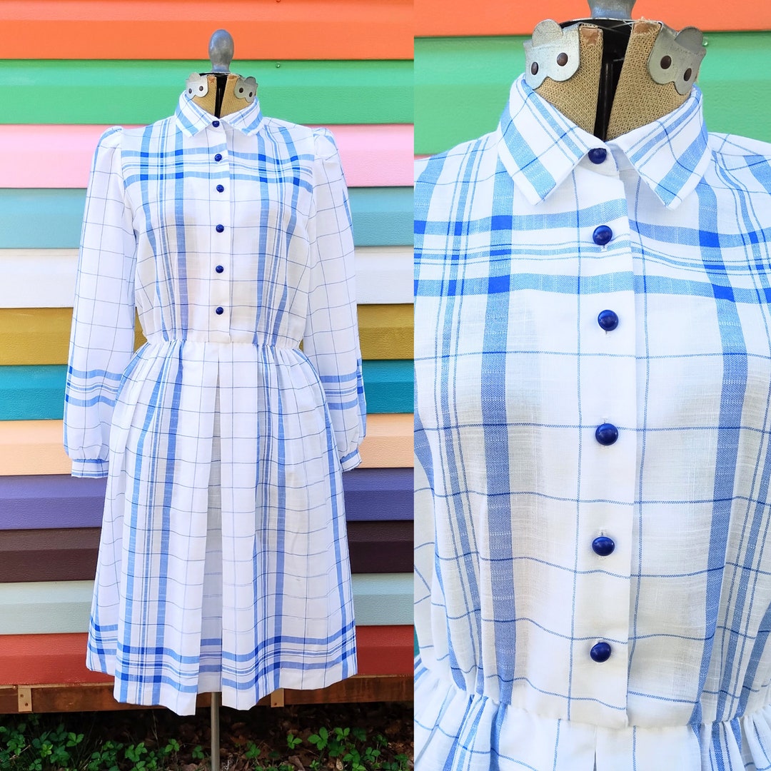 Vintage 60s/70s Blue and White Plaid Shirtwaist Dress Windowpane Button ...