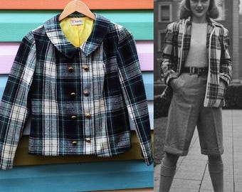 Vintage 50s/60s Plaid Wool Blazer Navy Green