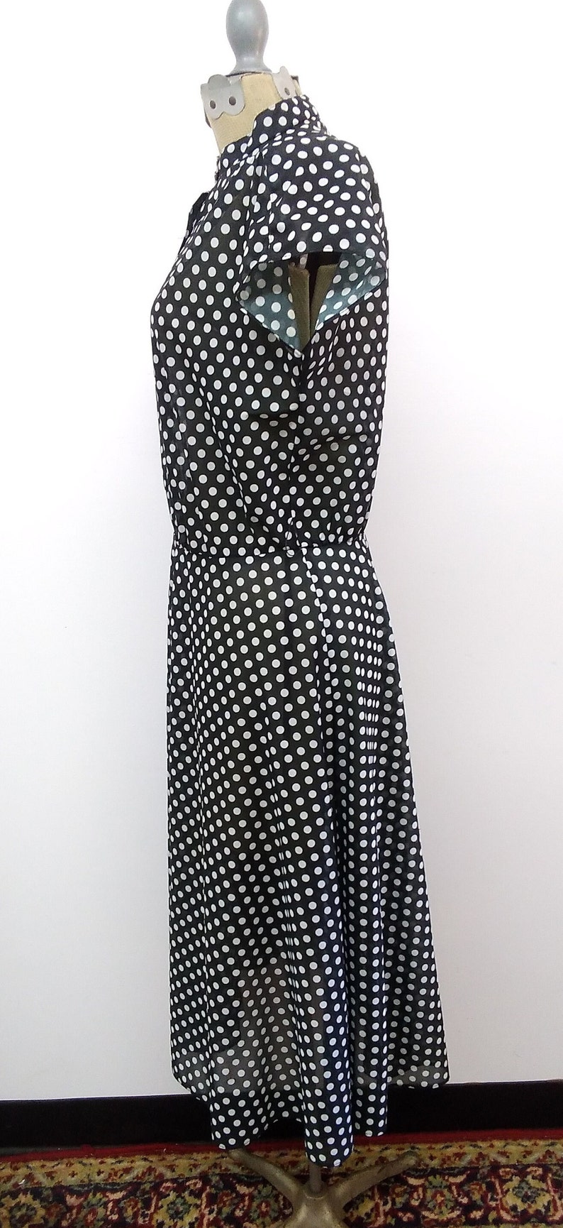 Vintage 60s/70s Black White Polka Dot Dress Volup Day Dress Button Front image 7