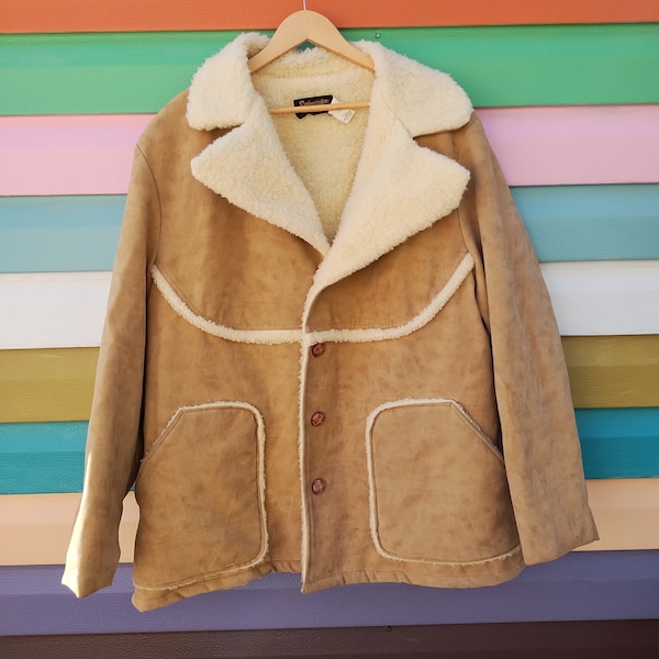 Vintage 70s Faux Sheepskin Shearling Jacket Light Tan Size XL