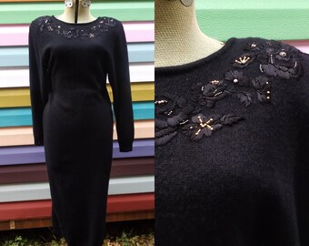 Vintage NOS 90s Sweater Dress Black Midi Angora Lambswool