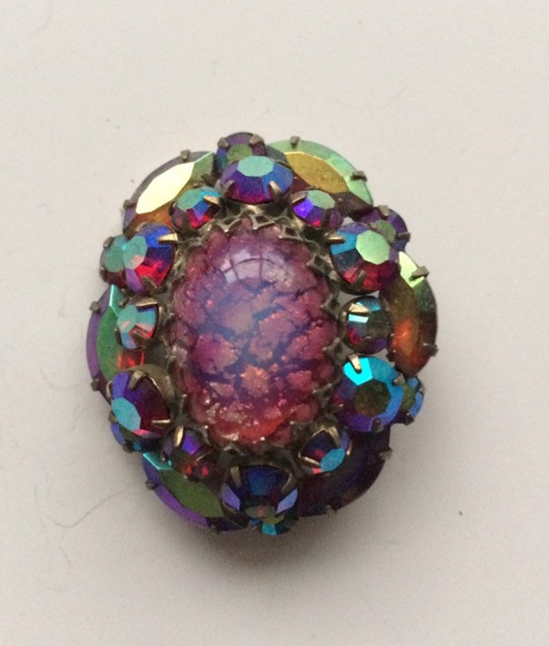 Vintage Art Deco Earring and Brooch Set-Cat Eye Fire Opal