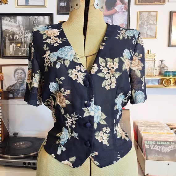 Vintage 90s Navy Floral Blouse Sheer Rose Pattern… - image 2