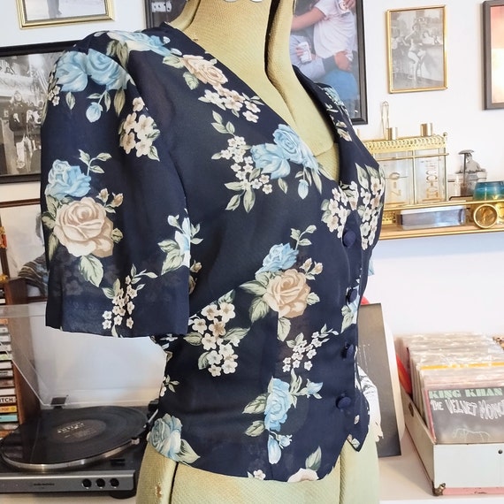 Vintage 90s Navy Floral Blouse Sheer Rose Pattern… - image 4