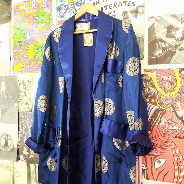 Vintage 60s NOS Blue Brocade Robe Long Chinese Smoking Jacket