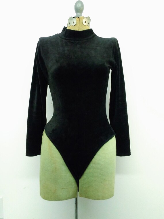 Vintage 80s/90s Black Velvet Bodysuit Mock Neck L… - image 1