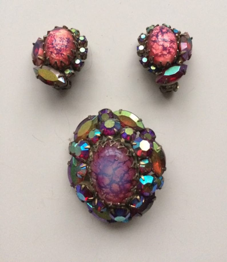 Vintage Art Deco Earring and Brooch Set-Cat Eye Fire Opal