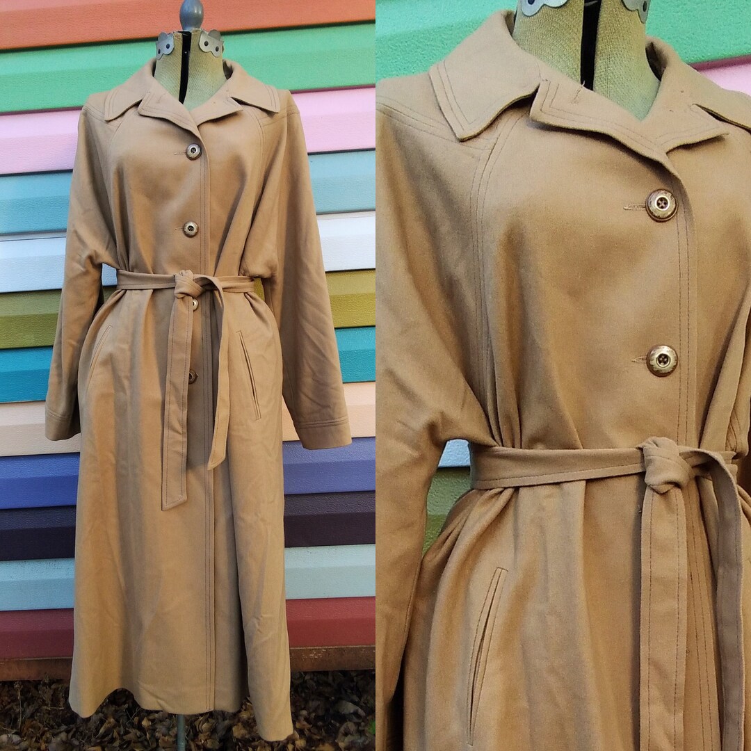 Vintage 70s Tan Wool Trench Coat Camel Color Belted Coat Etsy