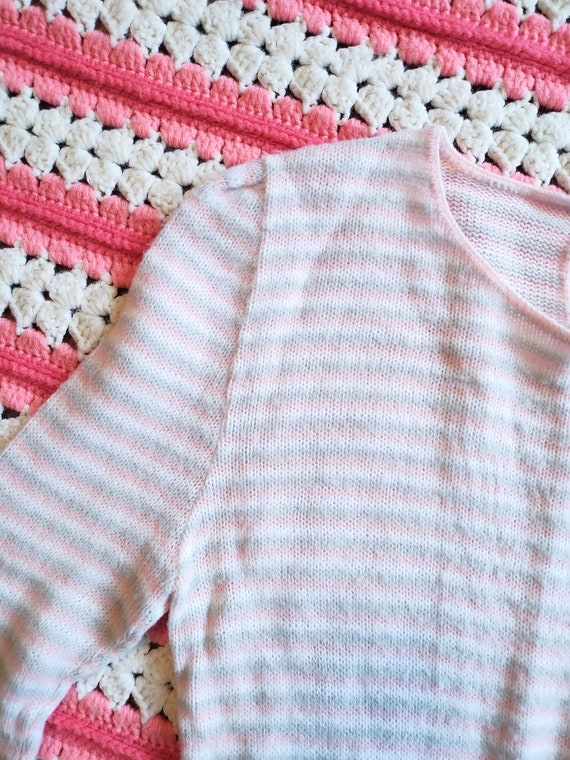 Vintage 70s Pastel Pink Sweater Light Gray Stripe… - image 2