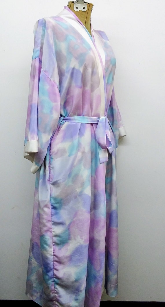 Vintage 70s/80s Pastel Floral Tie Dye Robe Blue a… - image 7