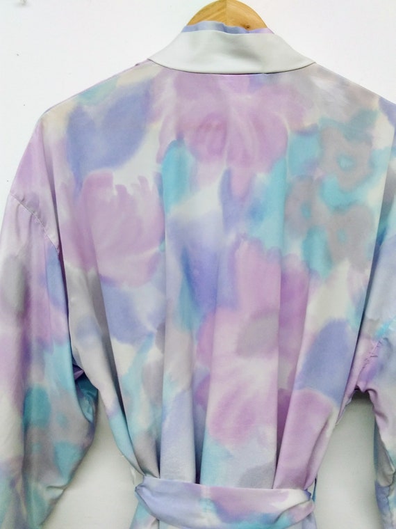 Vintage 70s/80s Pastel Floral Tie Dye Robe Blue a… - image 9