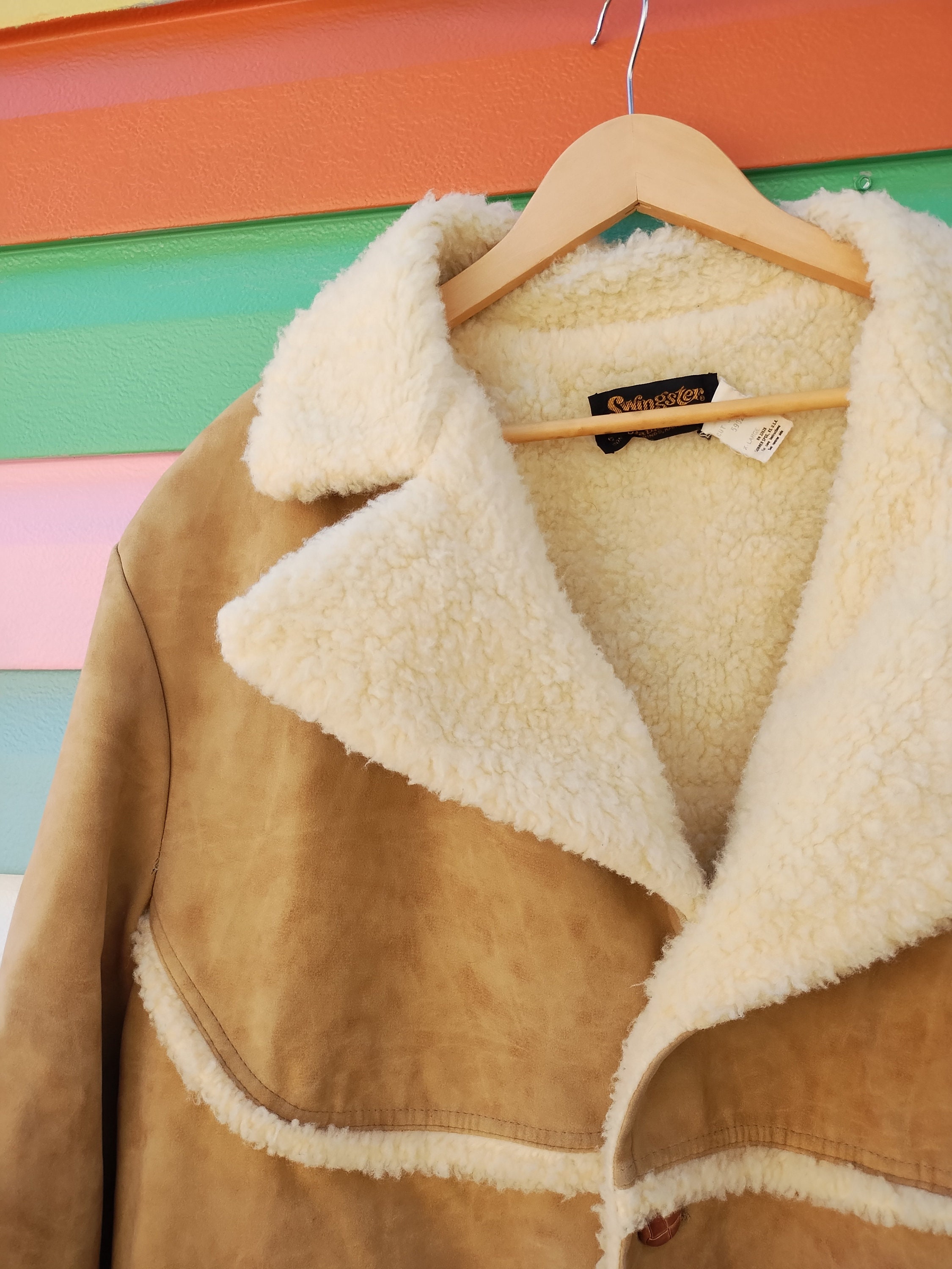 【PARTIMENTO】★ SUEDE SHEARLING COAT ★ 3 COLOR Vintage 70s Faux Sheepskin Shearling Jacket Light Tan Size
