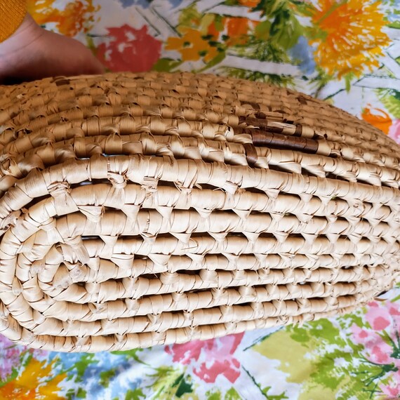 Vintage 70s Boho Wicker Straw Tote Bag Two Handle - Gem