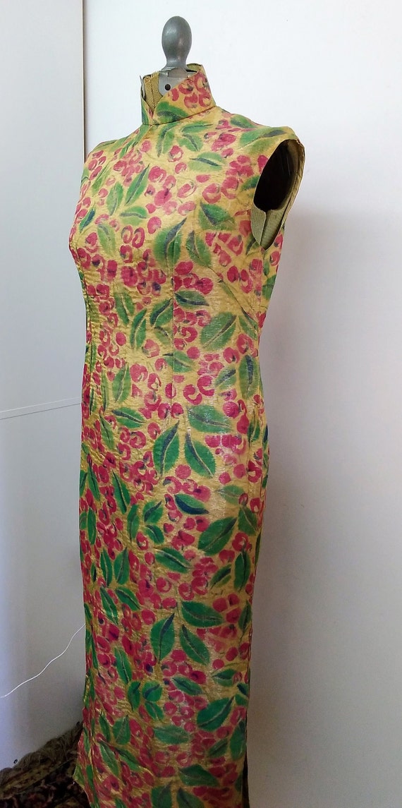 Vintage 50s Cheongsam Style Dress Gold, Pink and … - image 5