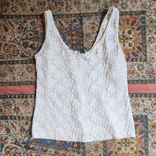 Vintage 80s Ivory Lace Top Sheer Unlined Floral T-Shirt
