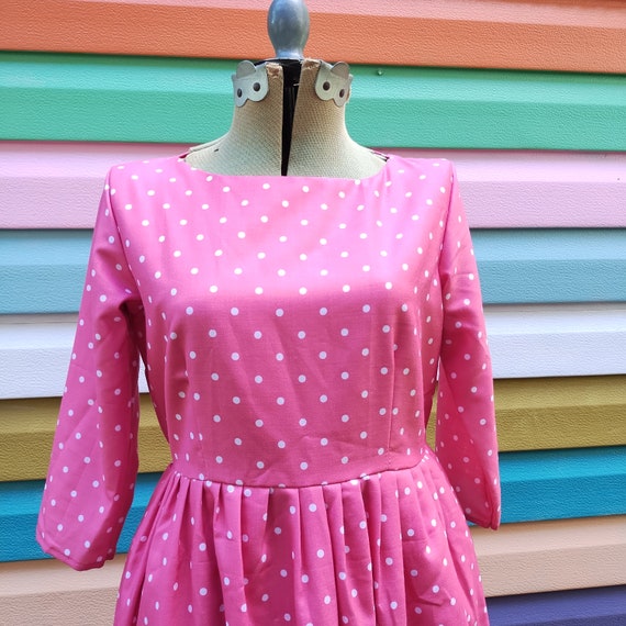 Vintage Handmade Pink Dress White Polka Dots - image 2