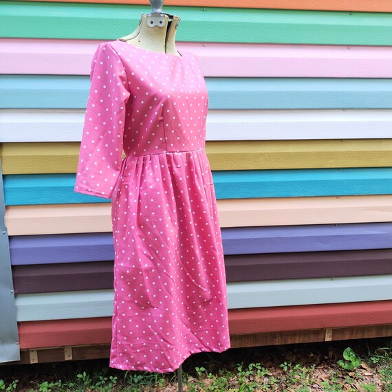 Vintage Handmade Pink Dress White Polka Dots - image 3