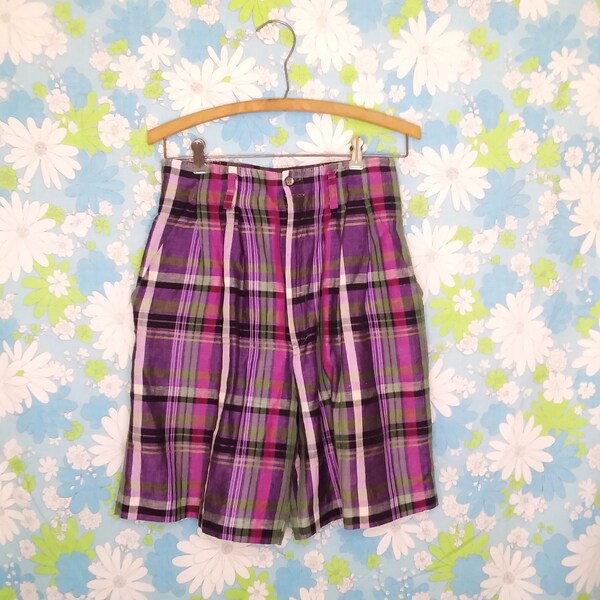 Vintage 90s Purple Plaid Shorts High Waist Linen Blend Size 8