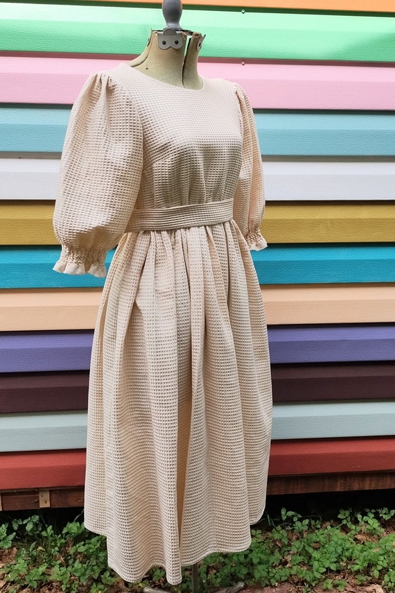 Vintage Handmade Cream Prairie Dress Puff Sleeve … - image 2