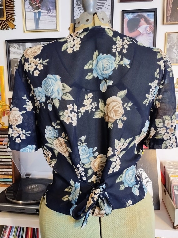 Vintage 90s Navy Floral Blouse Sheer Rose Pattern… - image 6